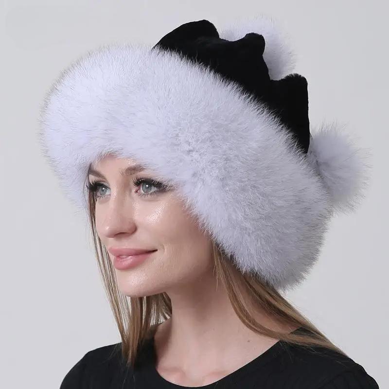 Winter Hats for Women New Fluffy Warm Rabbit Fox Pompom Fur Hats Lady Warm Ball Caps Russian Hot Sale Snow Hat