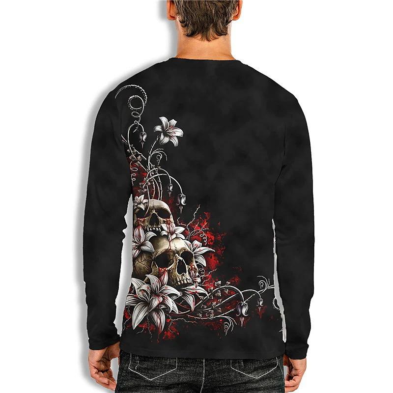 3D Personalized Skull Printed Top Casual Long Sleeved Men's T-shirts - Soft Medium Stretch Polyester Fabric Spring and Autumn Relaxed Fit Clothing