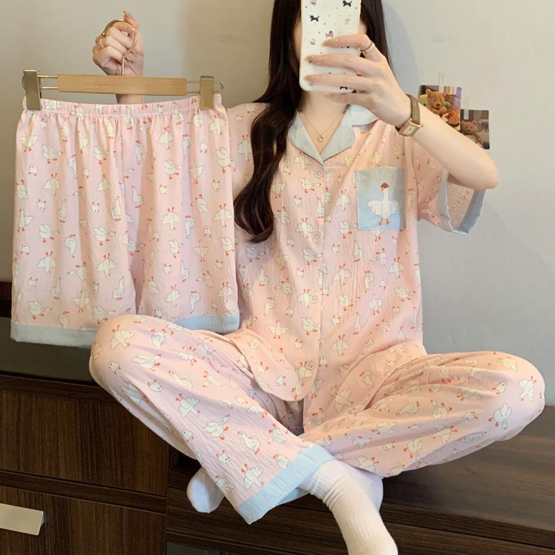 Cute Girl Love Leopard Print Short-Sleeved Pajamas Women'S Summer Cloud Cotton Three-Piece Loungewear