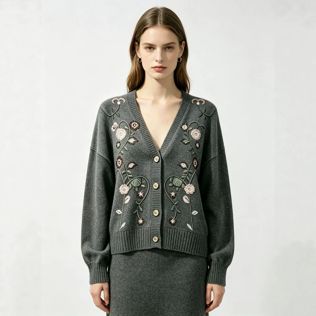 European and American style autumn and winter new heavy industry embroidered beads flower knitted cardigan women's loose v-neck outer sweater