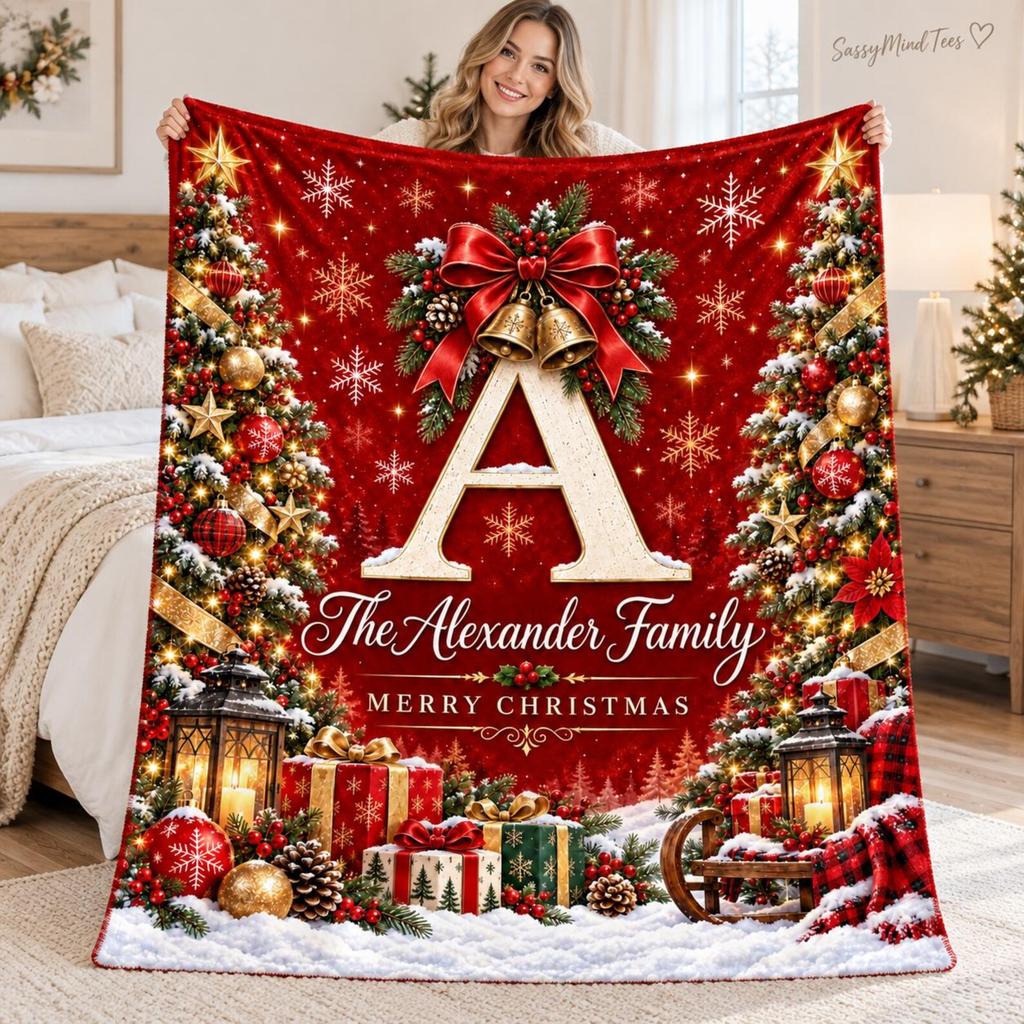 Personalized Family Christmas Blanket, Custom Last Name Monogram Fleece Throw, Merry Christmas Gift, Red Holiday Blanket, Family Xmas Decor