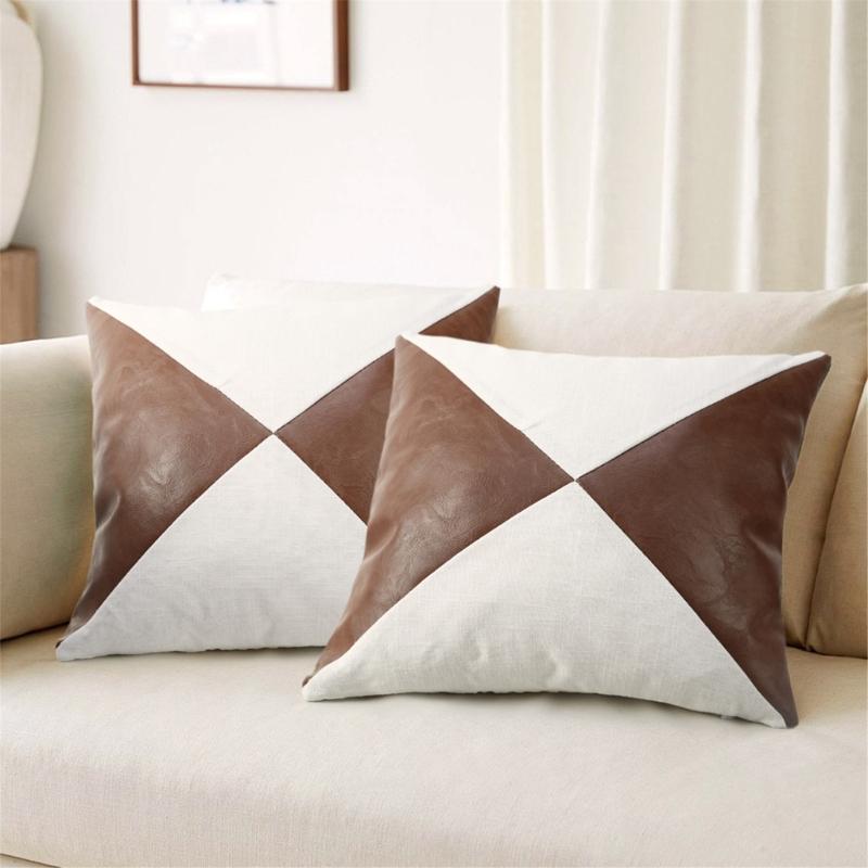 Faux Leather Pillow Case Waist Cushions Cover for Living Room Sofa Splicing Linen Throw Pillowcase Home Decoration