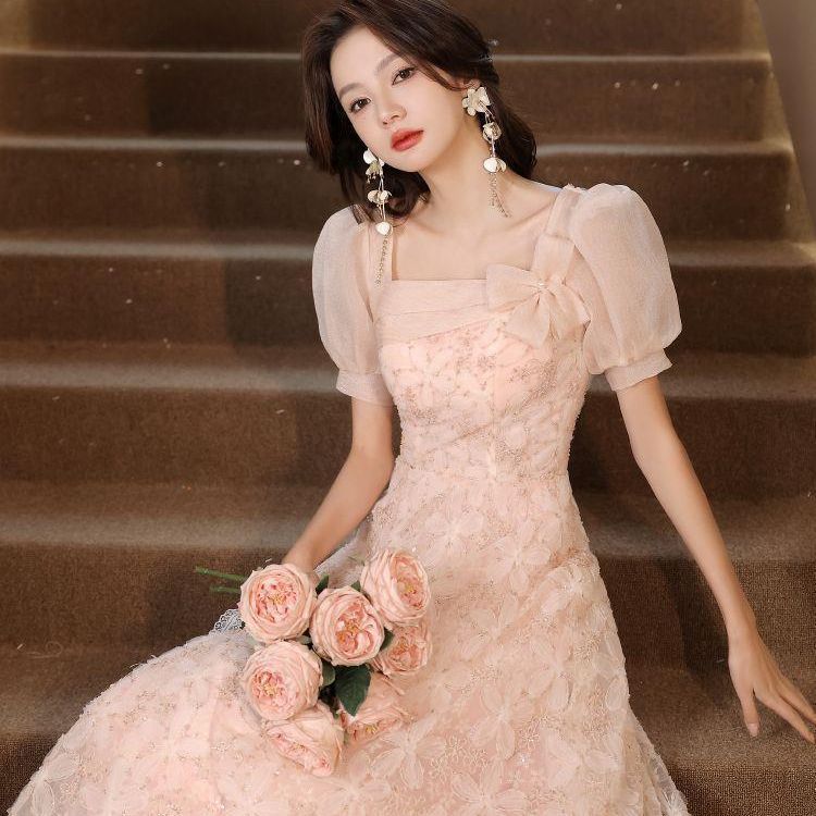 Art test evening dress 1011 new pink bubble sleeve bar mitzvah dress, small people can usually wear banquet dresses