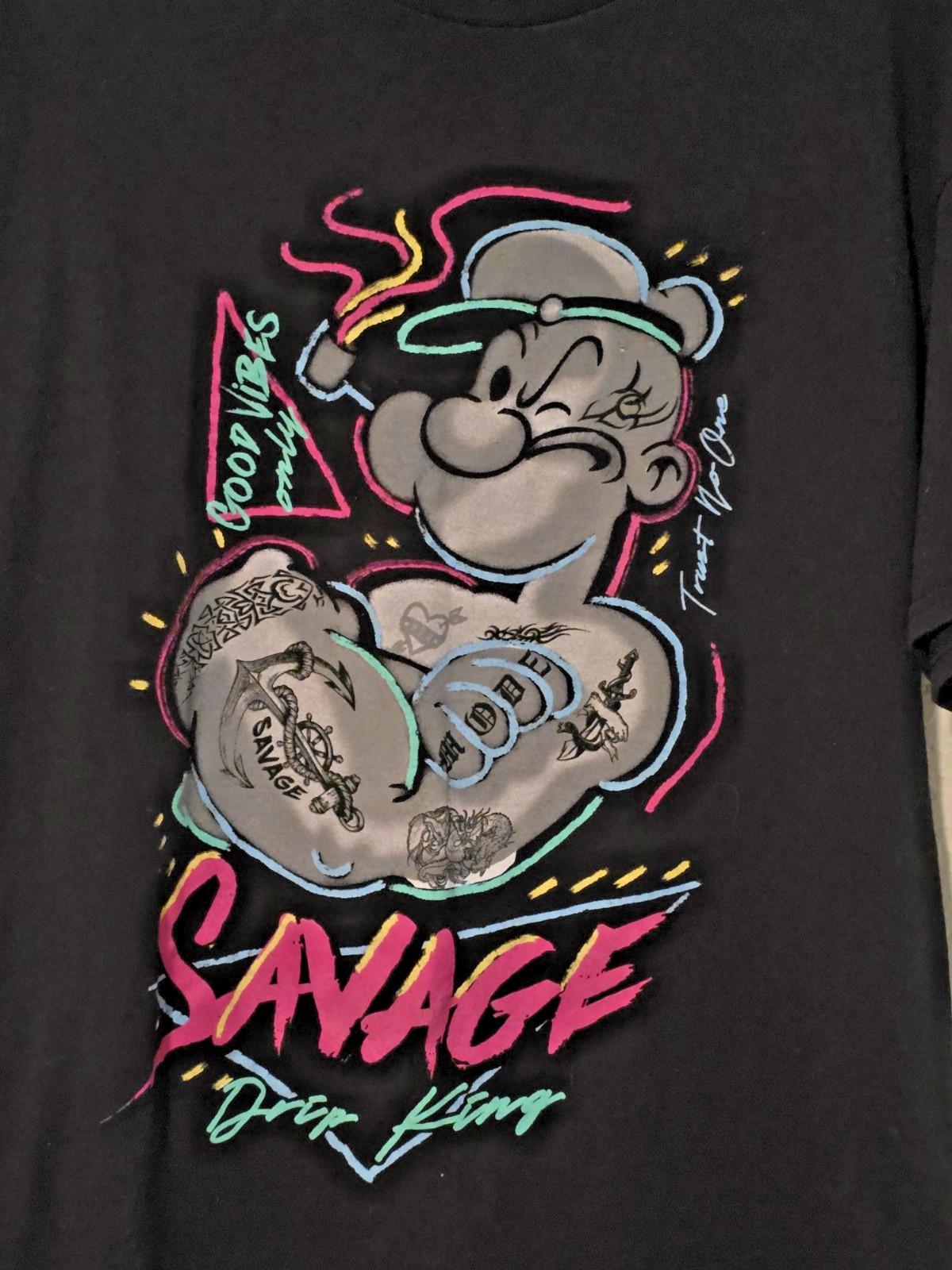 Popeye Savage Drip King Graphic Print Black T-Shirt Mens Size large Unisex T-Shirt S