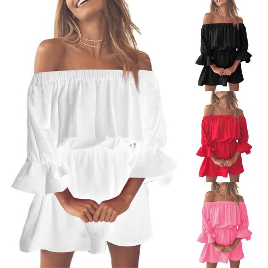Women Dress Off Shoulder Ruffles Summer Solid Color Strapless Mini Dress for Daily Wear