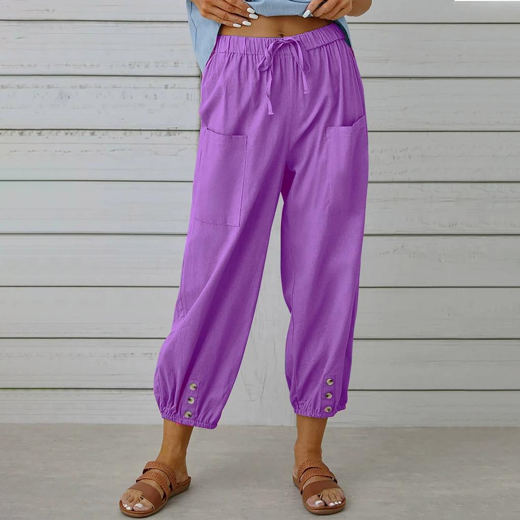 Women's Summer Cotton Linen Pants Elastic Waist Oversized Trousers Loose Drawstring Pocket Long Pants