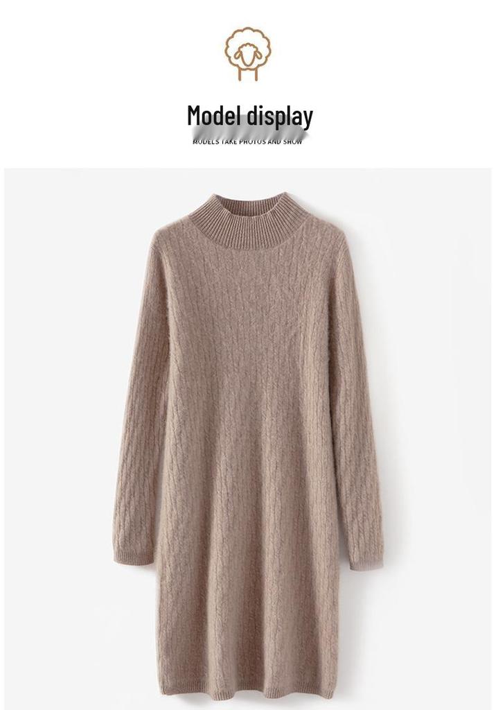 Women's Mid-Length High Neck Pure Wool Cashmere Sweater Dress - Thickened Knit for Autumn Winter