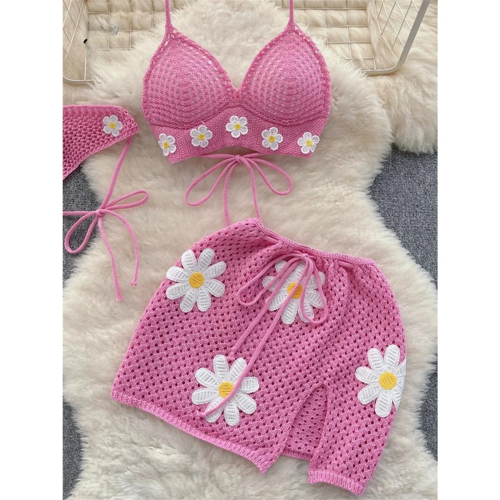 Korean Hollow Out Knitted Suits Women Halter Lace Up Bow Backless Tank Top+Drawstring Split Mini Skirt Two Pieces Sets