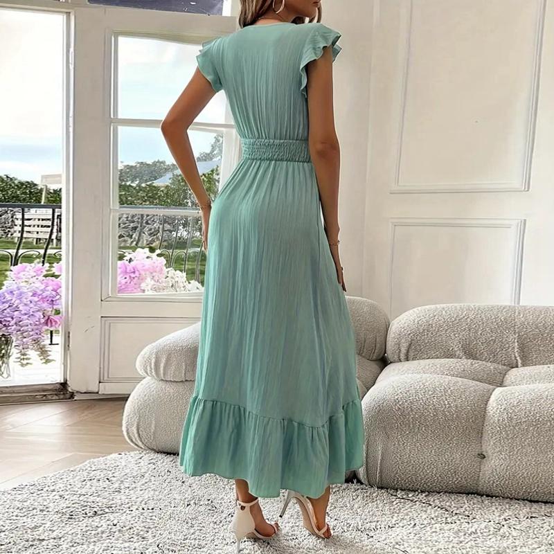 Women Solid Color V-neck Slim Short Sleeve Dress Summer Long Dress