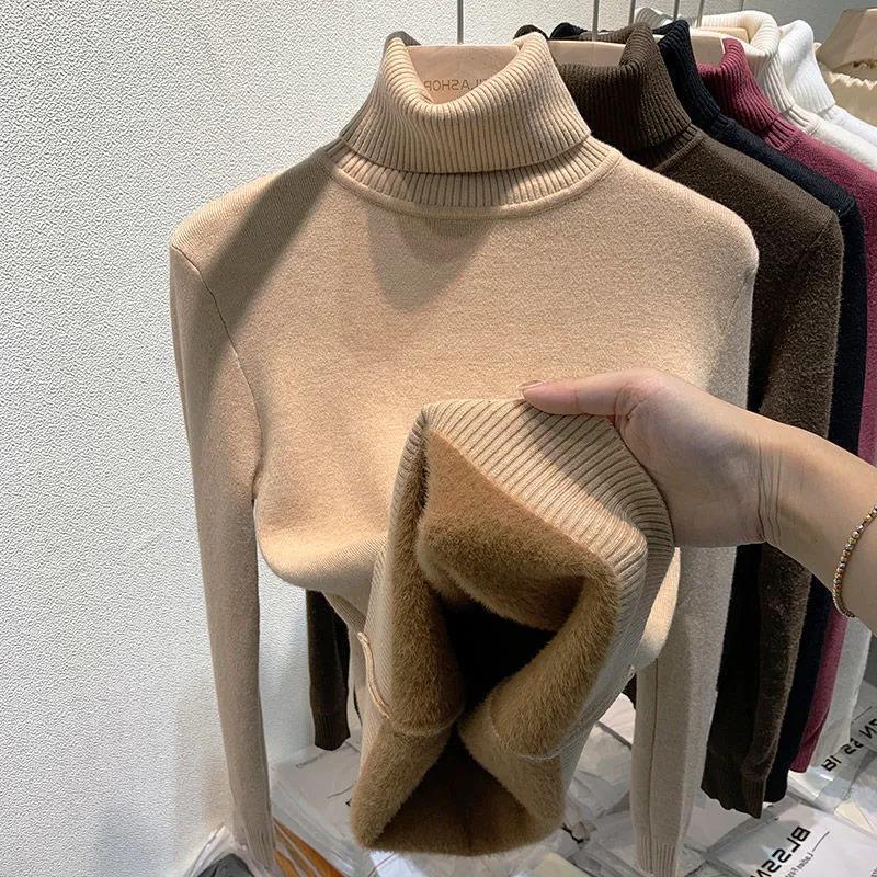 New Sweater Women's Knitted Undercoat Women's One Woolen Coat Women's Autumn and Winter Plus Wool Thick Turtleneck Pullover