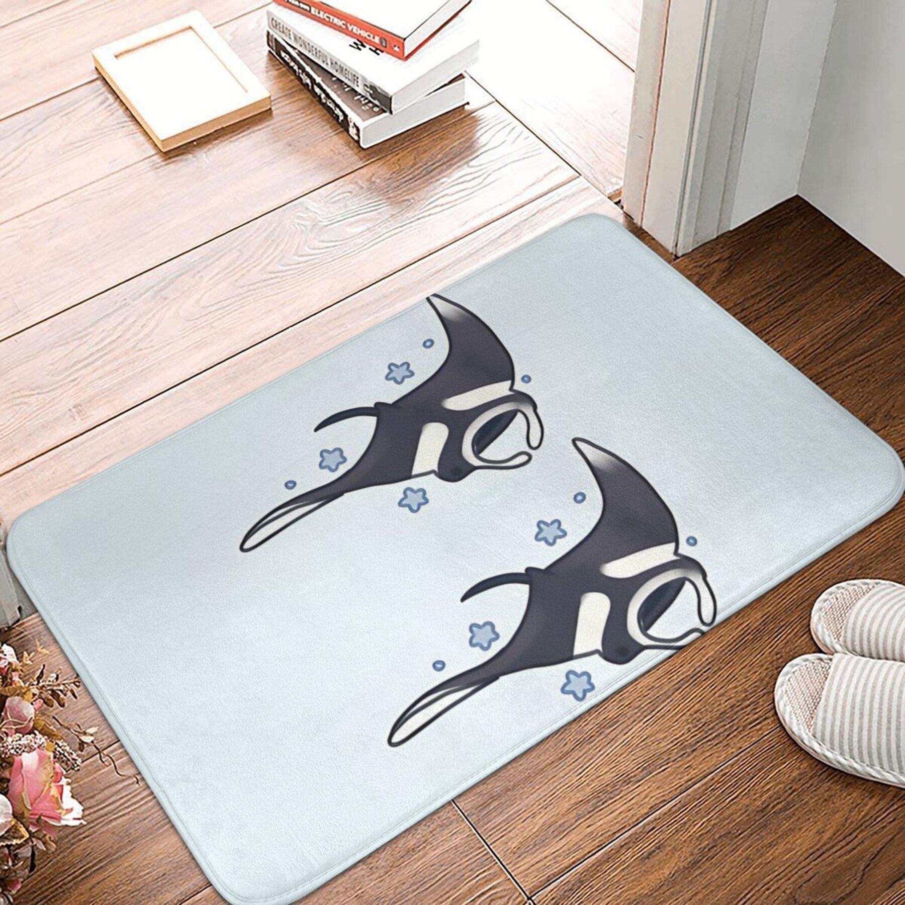 

Manta Ray Illustration Mat, Two Black-and-White Rays with Blue Stars, Light Gray Polyester Rug for Indoor Home Decor 40x60cm