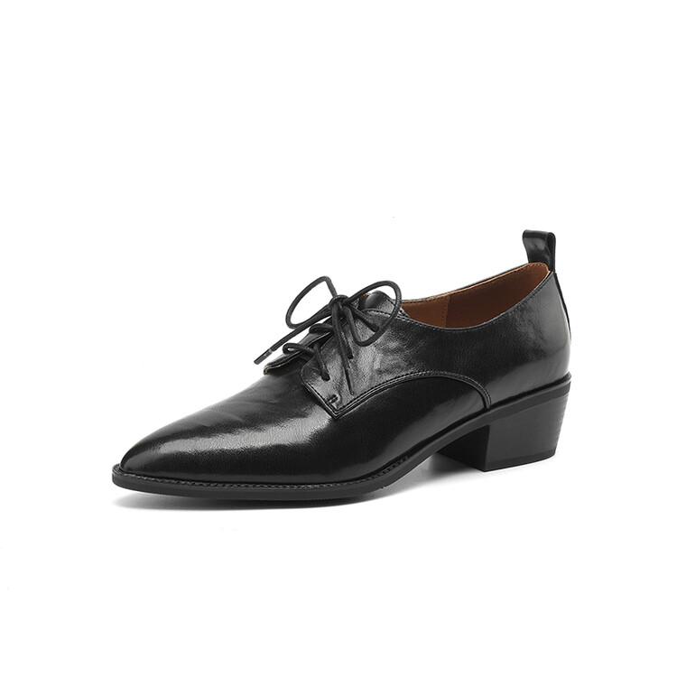 Fashion New Spring Split Leather Women Shoes Pointed Toe Women Pumps Chunky Heels Lace Loafers Shoes for Women French Retro Casual Shoes