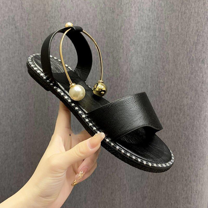 

Новые летние женские босоножки с жемчужными бусинами, тапочки, женские босоножки на плоской подошве, шлепанцы, повседневные босоножки на плоской подошве с открытой пяткой, туфли 43 41