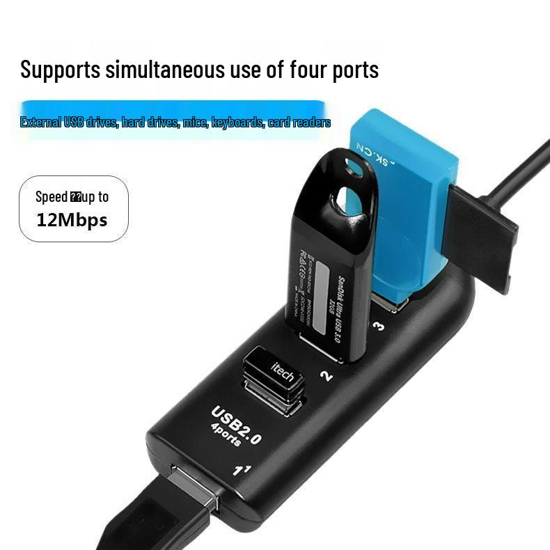 USB 2.0 Hub Extender: 4-Port Universal Splitter Black 4-in-1 HUB - OPP Packed