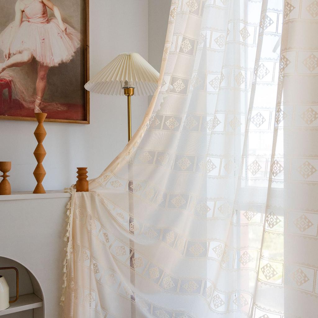 American Crochet, Beige Hollow Lace Rhombus Plaid Living Room Bedroom Translucent Curtains