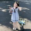 Girls' Summer Sailor Collar Cartoon Tie Dress - Short Sleeve Mid-Length Princess Skirt