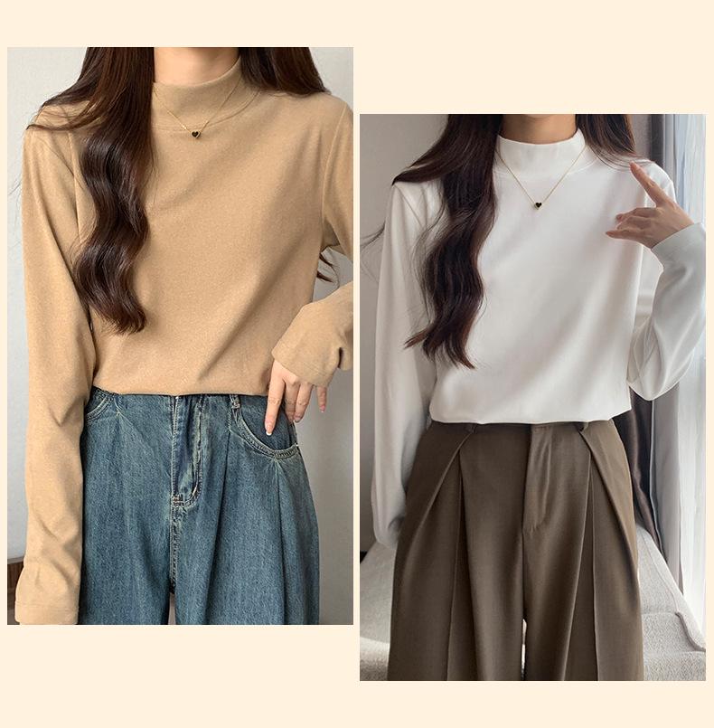 Women's Korean Style Double-Sided Velvet Long-Sleeve Turtleneck Top - Solid Color