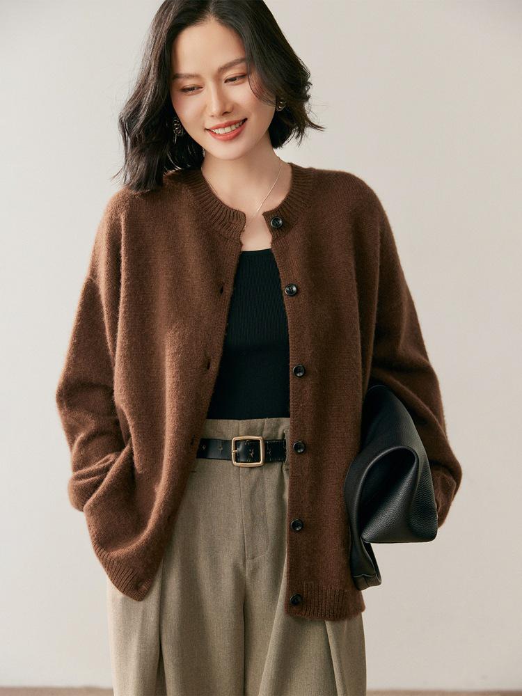 Women's Cashmere Cardigan - Autumn/Winter 2025 Collection, Round Neck, Gentle Loose Fit, Slimming Single-Breasted Jacket.