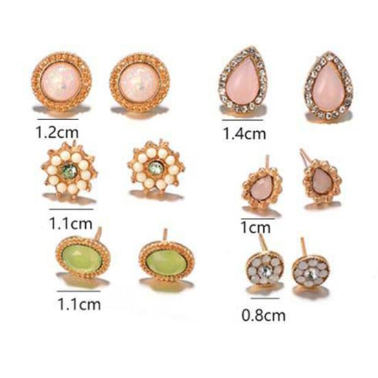 6Pairs Women Water Drop Flower Rhinestone Faux Opal Ear Studs Earrings