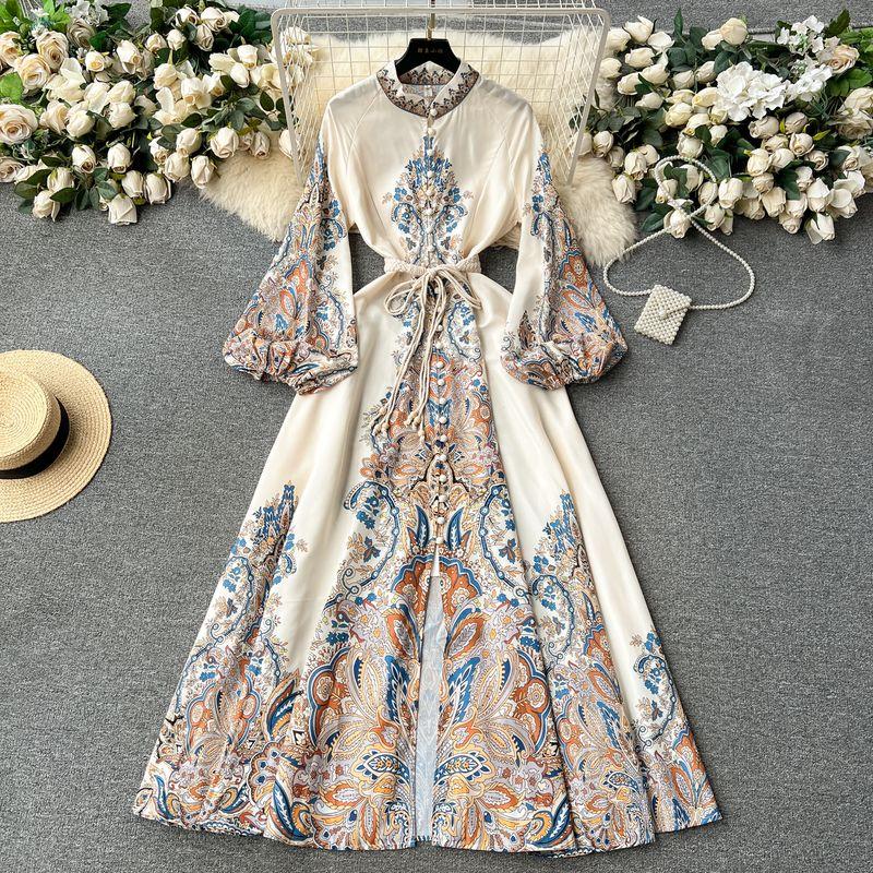 

Accessible Luxury Retro Lantern Elegance Wide Hem Printed Dress White L