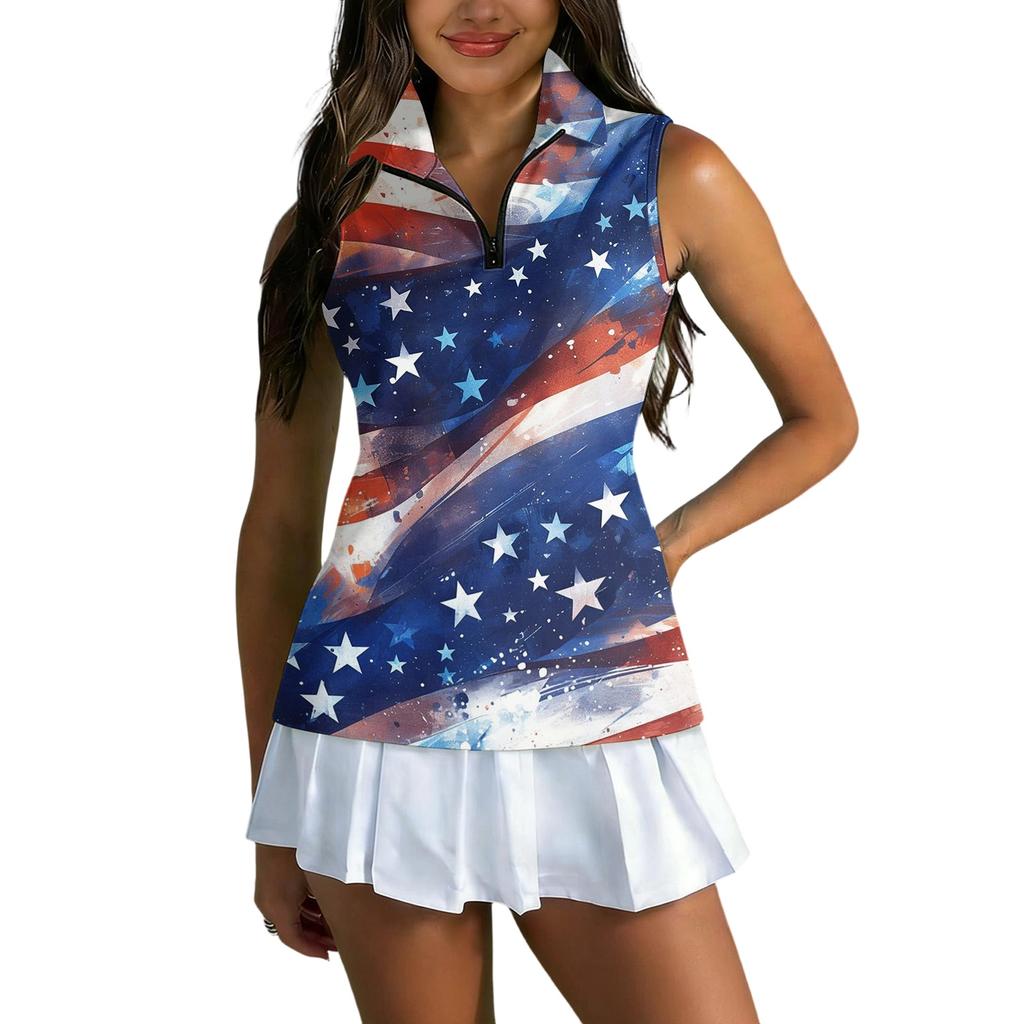 Sleeveless Golf Polo Shirt with Zipper Collar Women's Casual Athletic Top Independence Day Print Sports Vest for Outdoor Activities