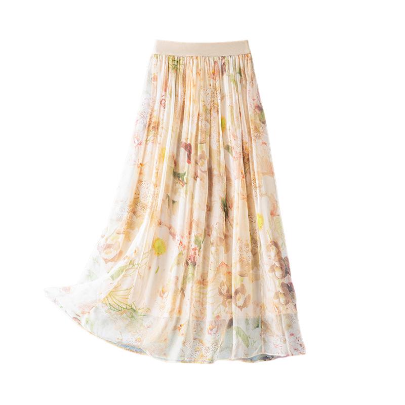 Elegant Apricot Silk Midi Skirt: Gentle Floral Print, Elastic Waist, Wide Hem - Perfect for Pear-Shaped Figures