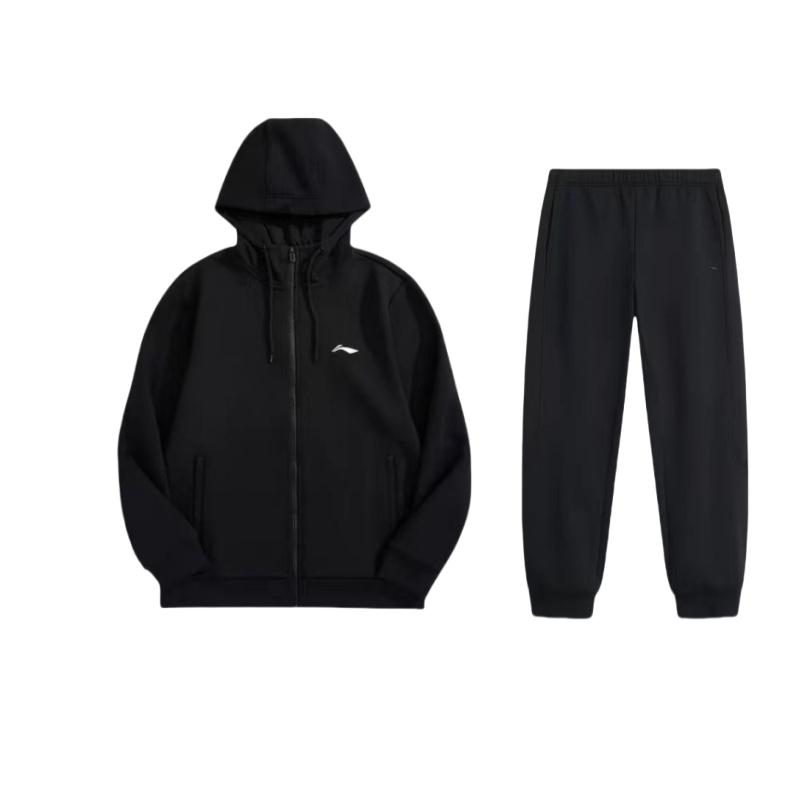 

Li Ning Logo Loose Fit Hooded Sweatshirt And Mid Waist Solid Color Cuffed Knit Joggers Casual Sports Set AWDUH53-1+AKLU617-2 S