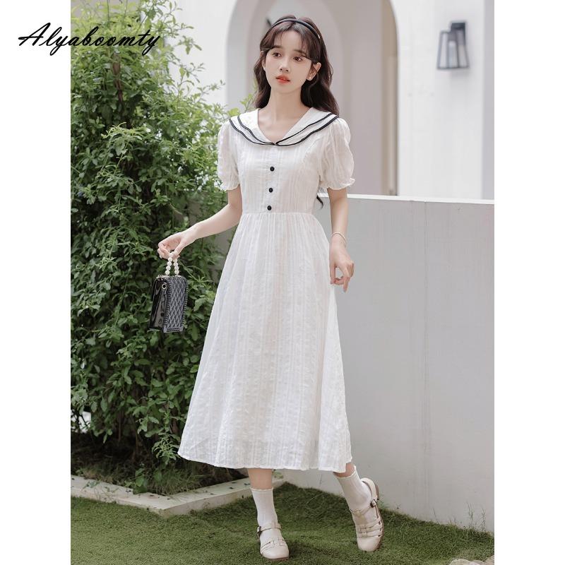 Japanese Preppy Style Summer Women White Dress Sailor Collar Jacquard Cotton Sweet Dress Short Sleeve Girl's Casual Midi Dress