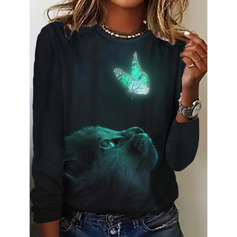 Women's Long Sleeve T-Shirt Cute Cat Pattern 3D Print Autumn Street Casual Fall Round Neck Oversized Clothing Outdoor T Shirts
