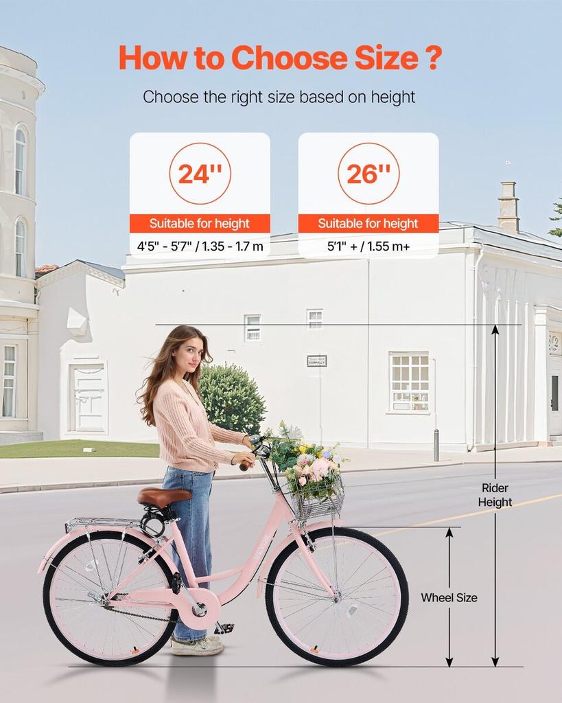 26-Zoll Cruiser Fahrrad 1-Gang Rosa Beach Cruiser Fahrrad mit Korb