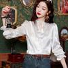 Women's White Satin Jacquard Mandarin Collar Puffed 3/4 Sleeve Ruffle Cuff Casual Blouse