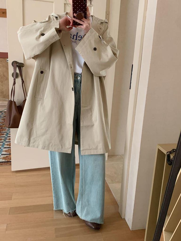 2026 Spring Korean Style Women's Hooded Windbreaker: Simple, Fashionable, Plain, Single-Breasted, Casual Mid-Length Jacket
