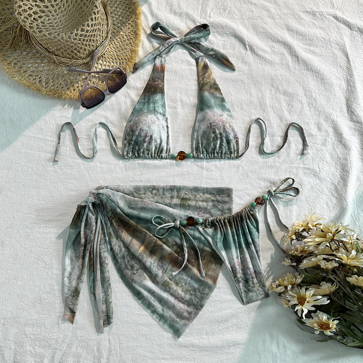 New European And American Style Tie-Dye Gradual Change Three-Piece Bikini Swimsuit Women S Lace-Up Beach Sexy Split Swimsuit S