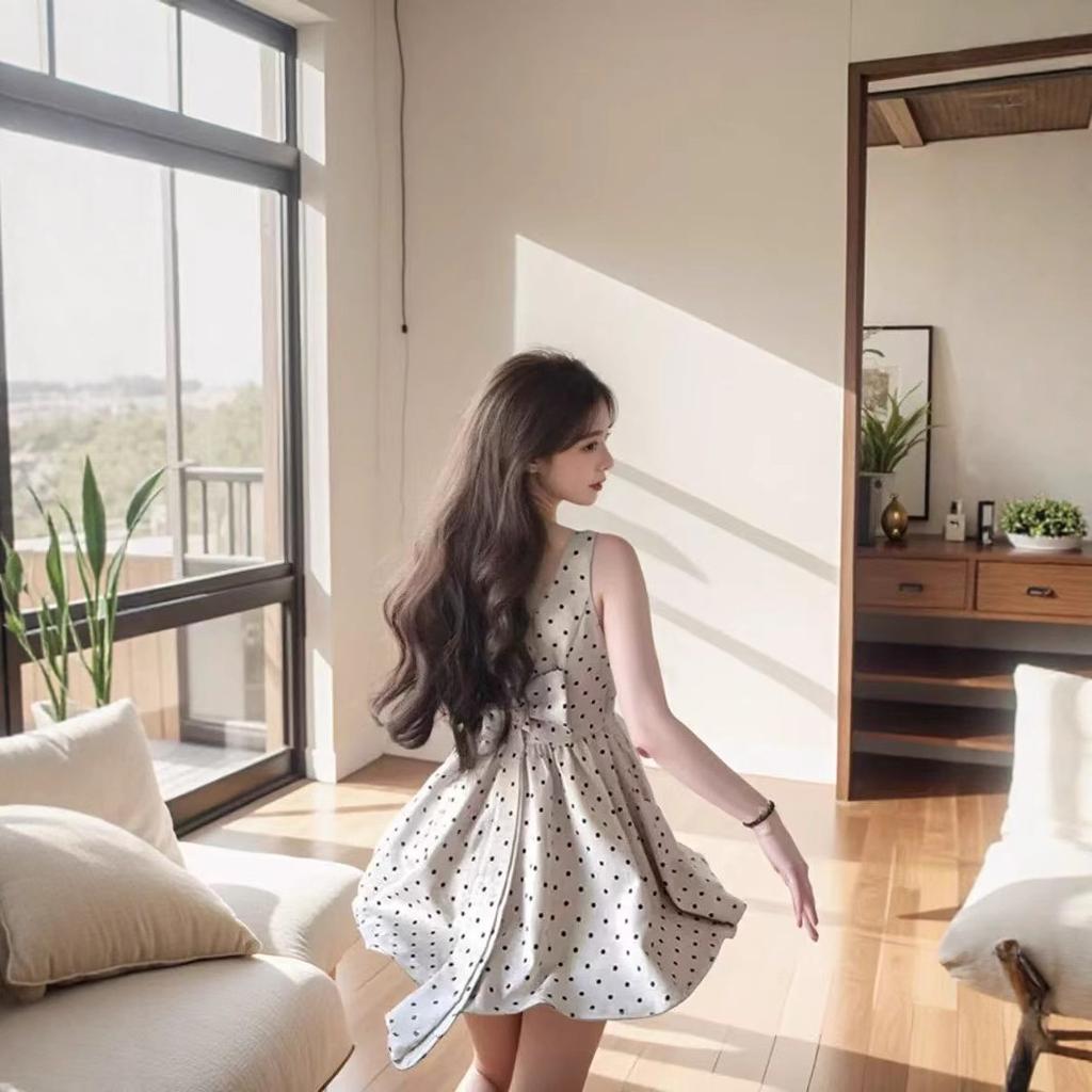 Pure desire style square collar polka dot sleeveless dress summer new high sense waist princess puffy short skirt children