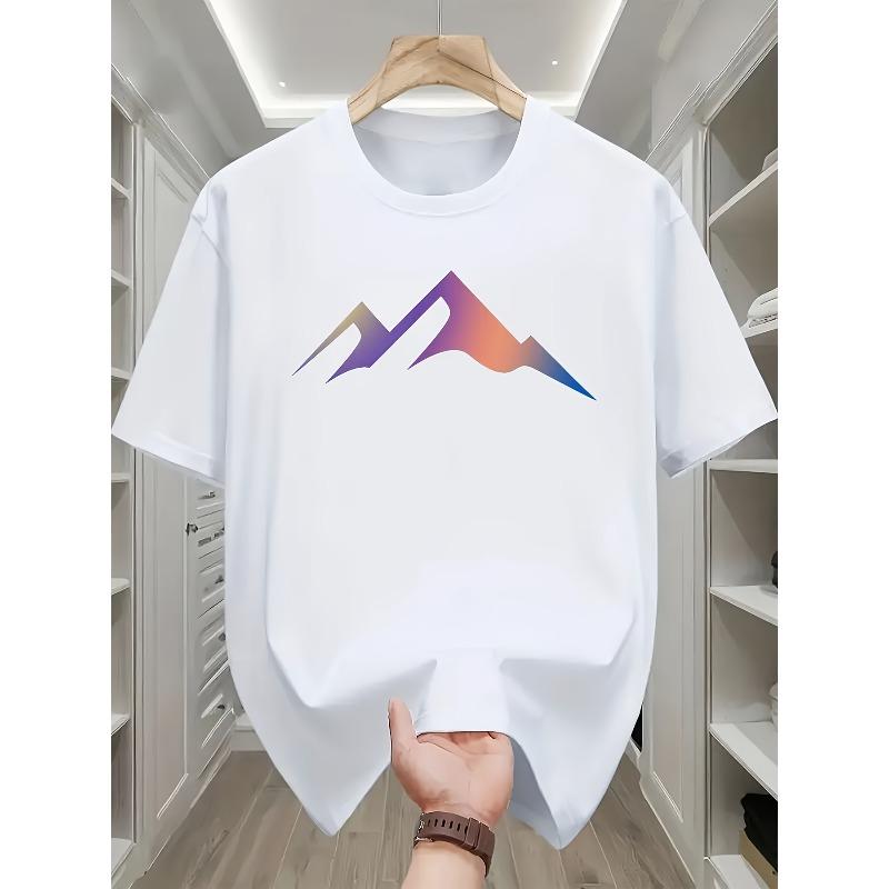 

The Short-Sleeve Men s T-Shirt Displayed Features a Vibrant Gradient Mountain Pattern, Embodying a Sense of Natural Artistry And Minimalist Fashion S белый