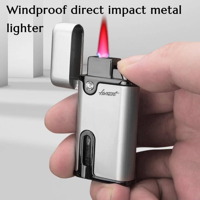 Metal Windproof Direct Impact Lighter with Red Flame and Light. Gift for Boyfriend - Lighter and Cigarette Accessories