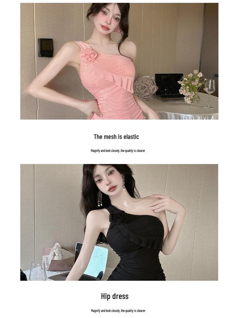 Sexy One-Shoulder Mesh Ruffled Slip Dress