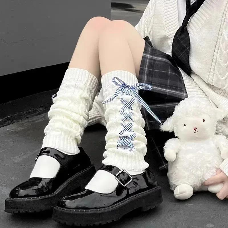 Woman Lolita Leg Warmer Autumn and Winter Ribbon Lolita Black Knee Warmers Long Socks JK Knitted Girl White Leg Warmers Stocking