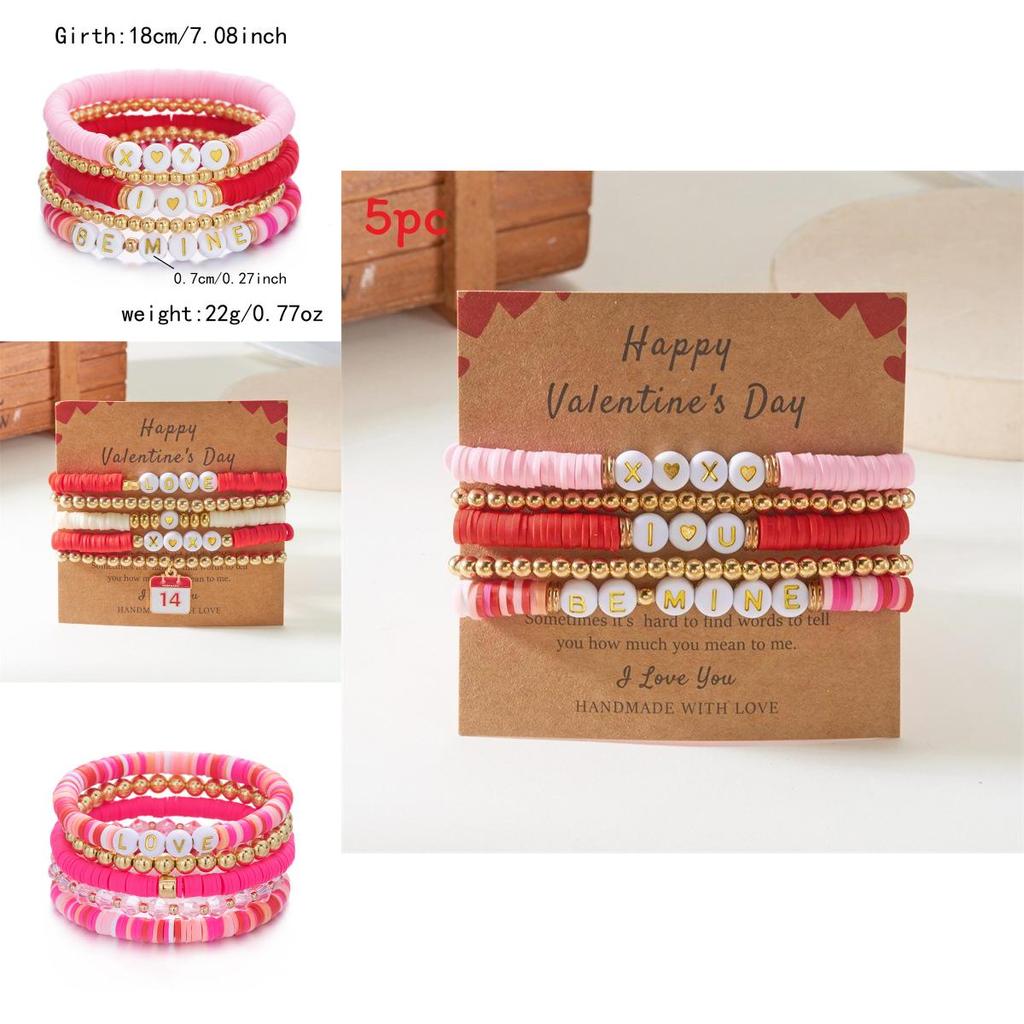 Love Heart Soft Clay Bracelets Set For Women With Pink Acrylic Letter Beads Hand Jewelry Gift