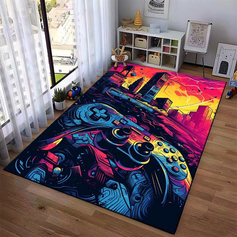 Colorful Gaming Console and Cityscape Carpet with Neon Design Suitable for use as an anti-slip for living room bedroom sofas