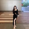 Sexy Spice Girl Split Hip Wrap Dress Women's Early Autumn New Temperament Slim and Skinny Long Sleeve Bottom Skirt