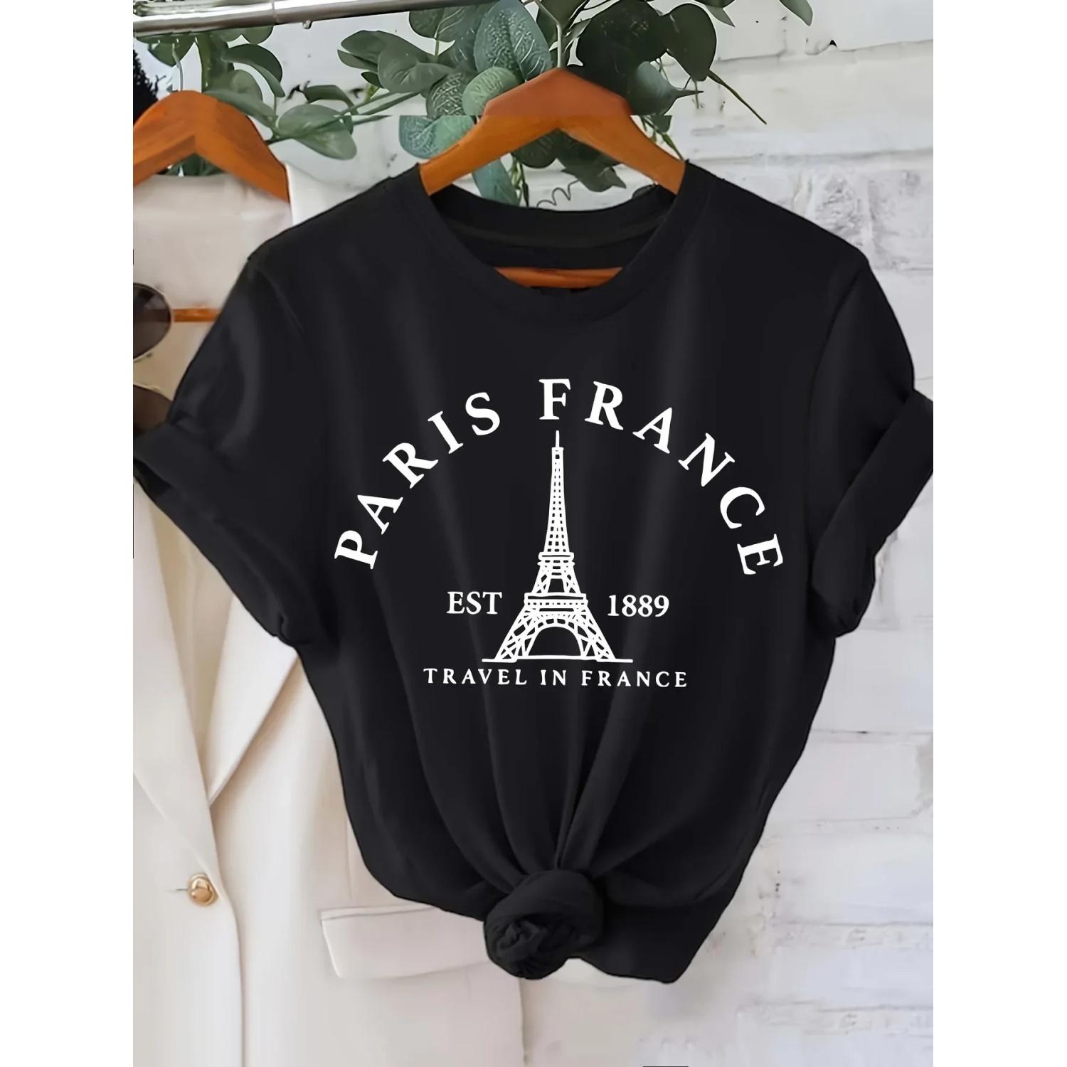 

Casual Top for Summer & Spring Women s Clothing Eiffel Tower Print T-shirt Short Sleeve Crew Neck Aesthetic Clothes XXXXXL чорний