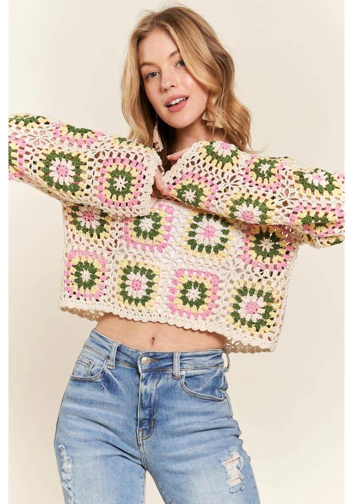 Handmade Crochet Rainbow Block Pullover: Forest Style Round Neck Long Sleeve Sweater