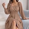 Women's Casual Solid Color Square Neck Long Sleeve Cinched Waist Ruffled A-line Skirt Dress