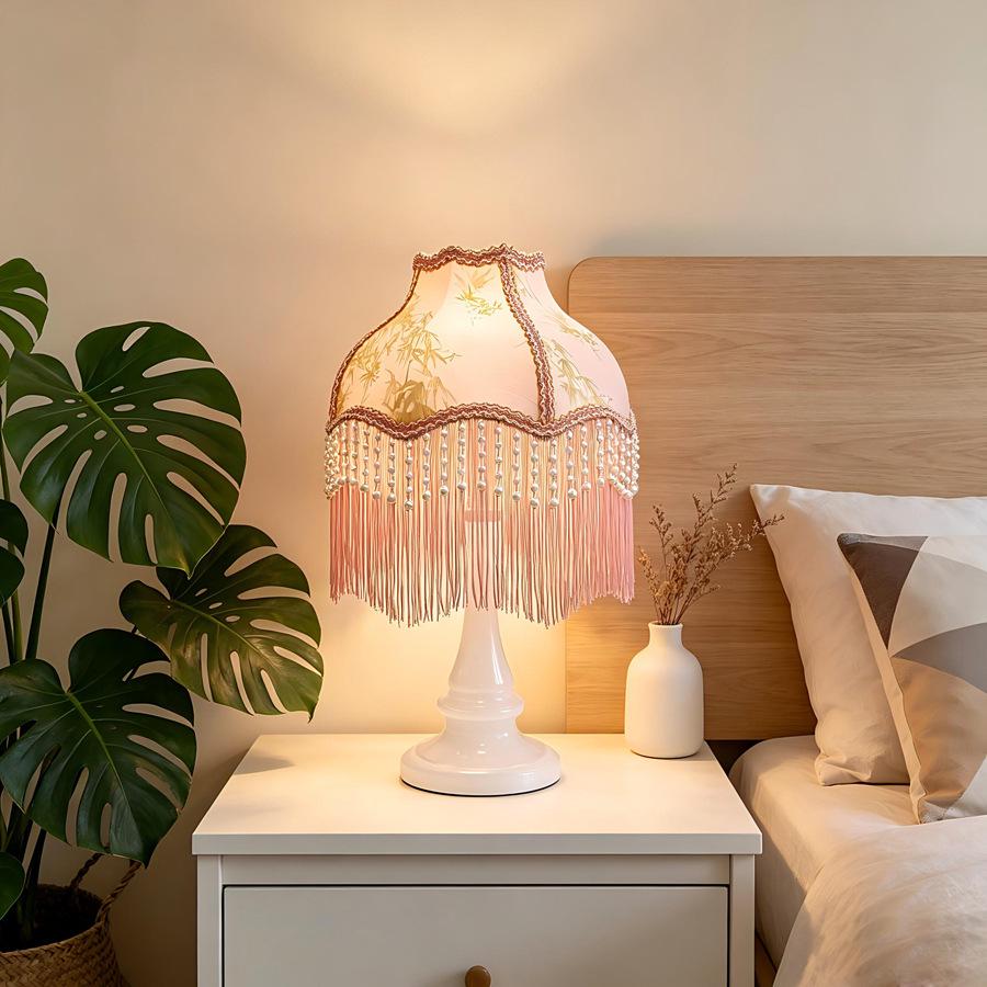 Elegant White and Pink Bamboo Pattern Lampshade with Pearl Tassel and Inlaid Edge - Versatile Style Fit