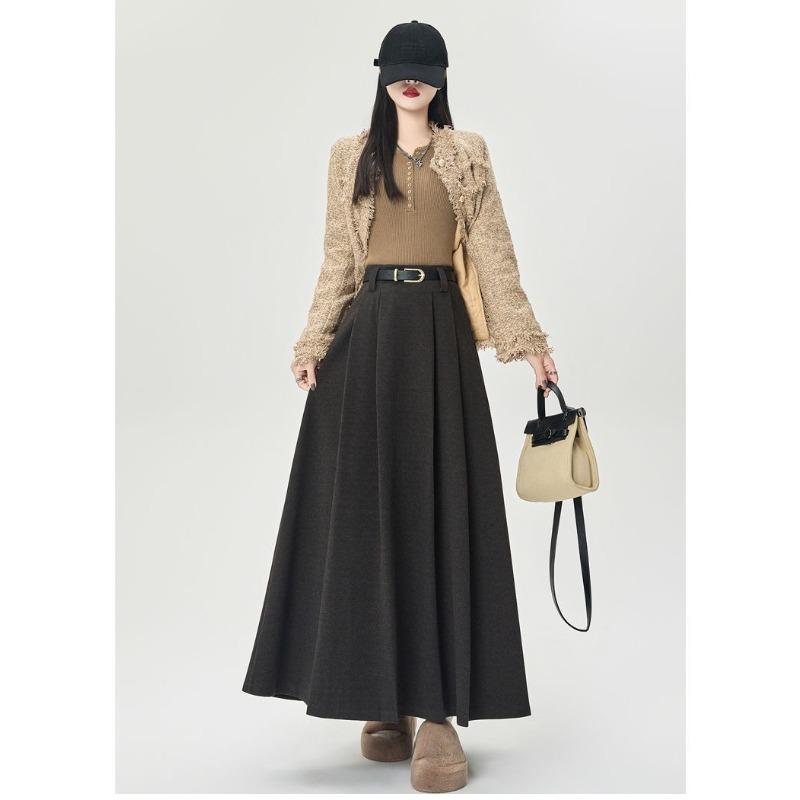 Winter Autumn High Waist Wool Pleated Skirt Women A Line Midi Skirt Solid Color Flared Skirt Slimming Long Skirt
