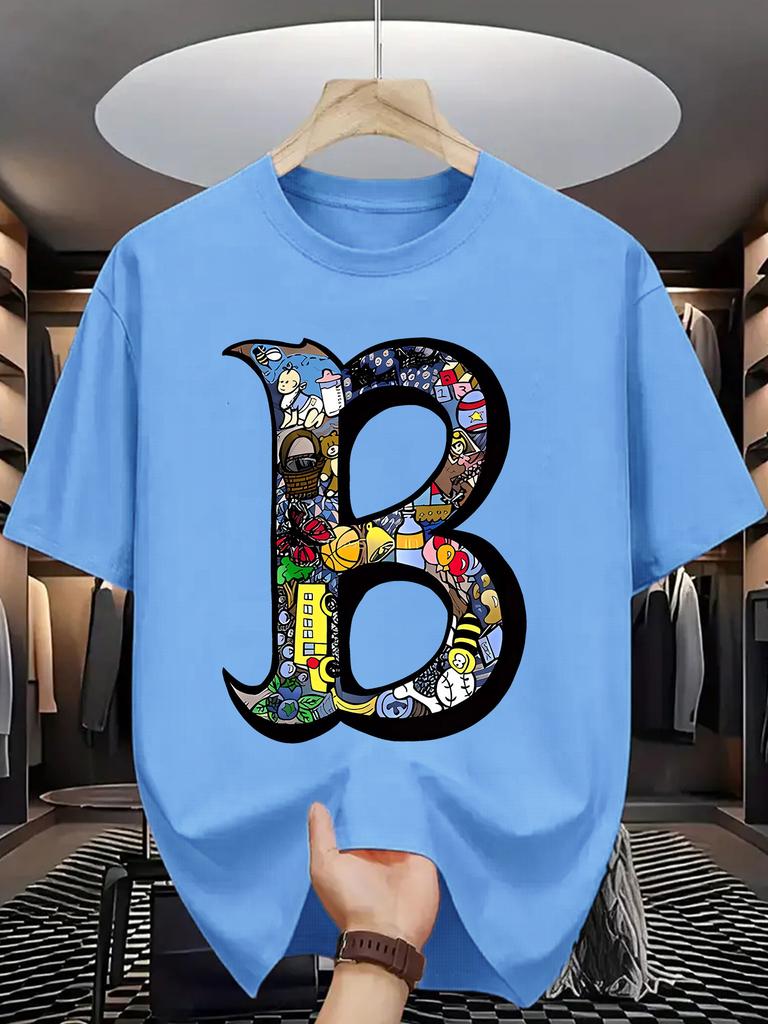 Letní pánské 100% bavlněné sportovně-ležérní módní volné nadměrné velikosti kreativní s potiskem písmena B kulatý výstřih krátký rukáv tričko top