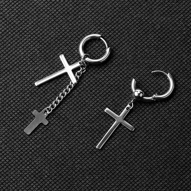 1Pcs Men Punk Cross Stars Dangle Earrings Women Gothic Stainless Steel Cross Ear Stud Earrings Piercing Huggies Pendant Jewelry