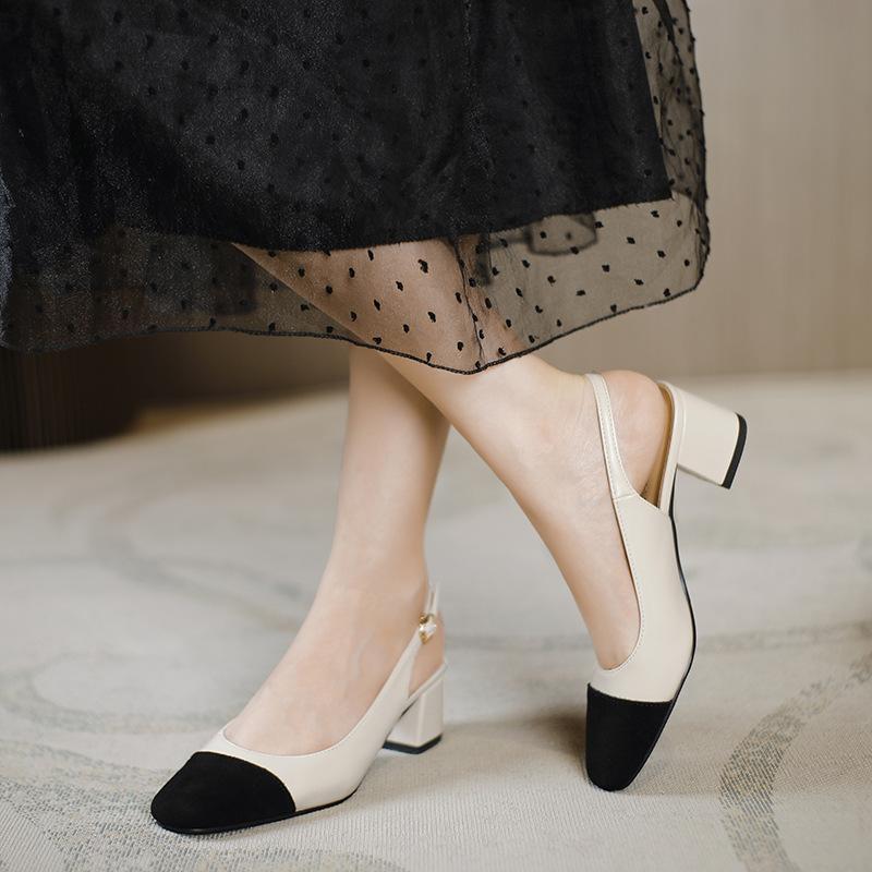 Fashion Luxury Apricot/Black Mixed Color Sandals Woman Slingback Ankle Strap Shoes Ladies Med-High Heels Sandalias Office Dress Tacones