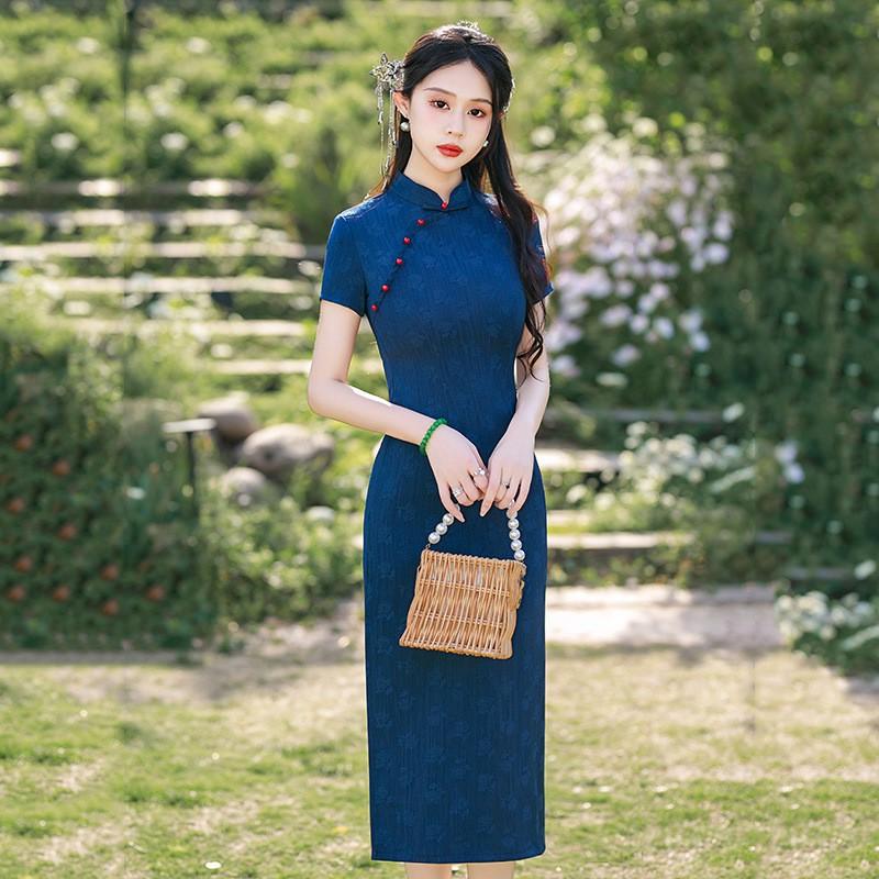 Vintage-Inspired Blue Midi Cheongsam Dress Women 2025 Short Sleeve Retro Style Daily Wear Small
